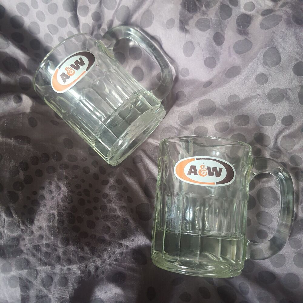 Lot Of 2 A&W Root Beer Small Clear Handle Float Mug Vintage Logo 4” Tall